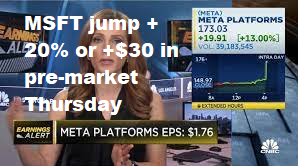 Microsoft share jumped 20% or +$30 in pre-market Thursday